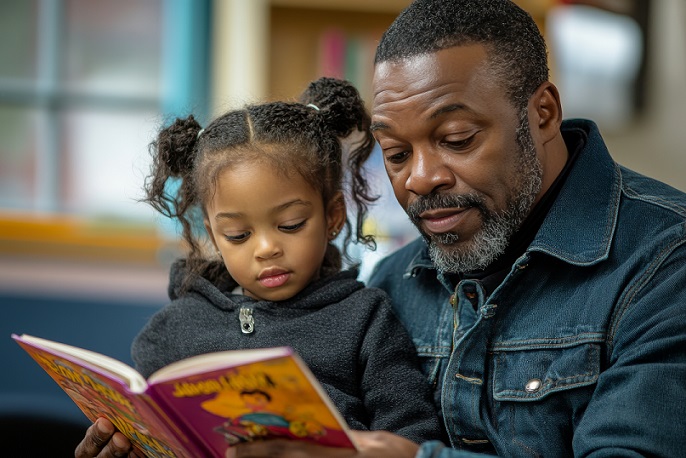 Father teaching daughter how to read