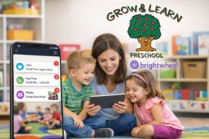 Preschoolers exploring with Brightwheel teacher on tablet